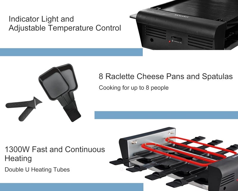 Tamarit Raclette Table Grill for 8, 2 in 1 Small Swiss Style PFAS-No Nonstick Reversible Grill/Griddle Plate Adjustable Temperature Control 1300 W, 8 Raclette Cheese Pans Black - Image 5